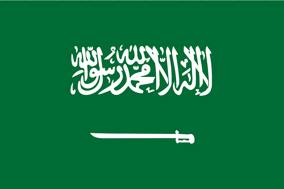 Flag of Saudi Arabia, green background with white Arabic inscription and a white sword.