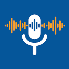 Icon of a white microphone flanked by orange sound waves on a blue background.