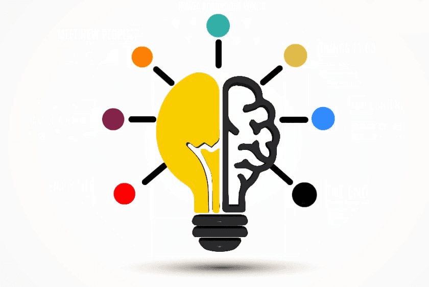 Illustration of a light bulb with one half resembling a brain and surrounded by colorful dots.